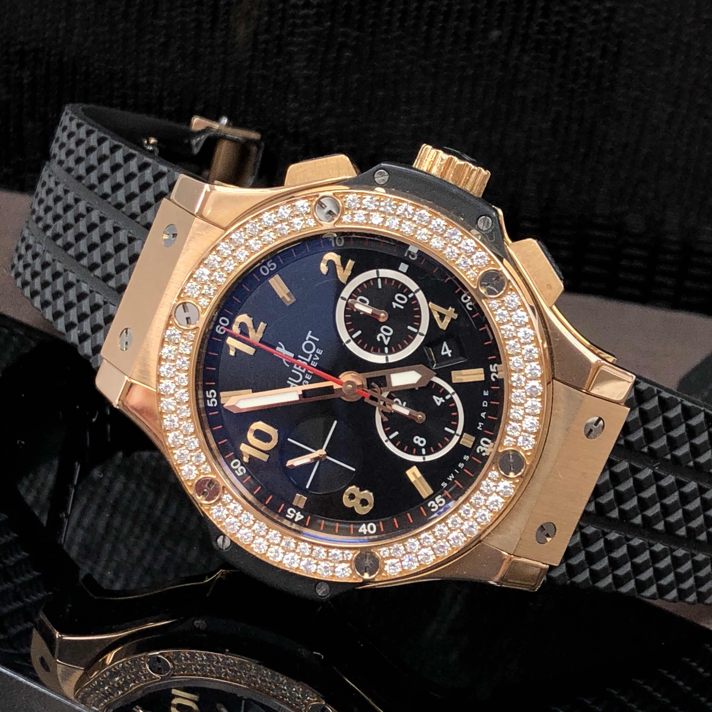 全新hublot 宇舶 big bang 18k玫瑰金镶钻 黑色 自动机芯 301.px.130.