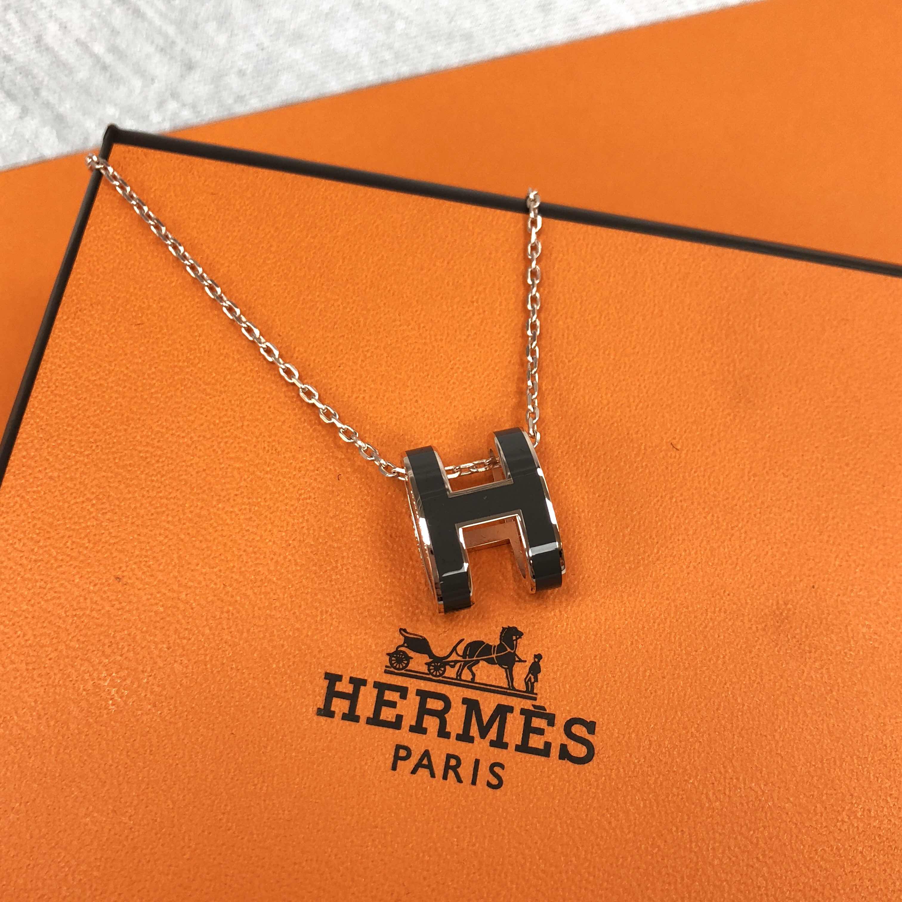 全新hermes 爱马仕 颈链 h logo pg/88 灰色 圆型 金属