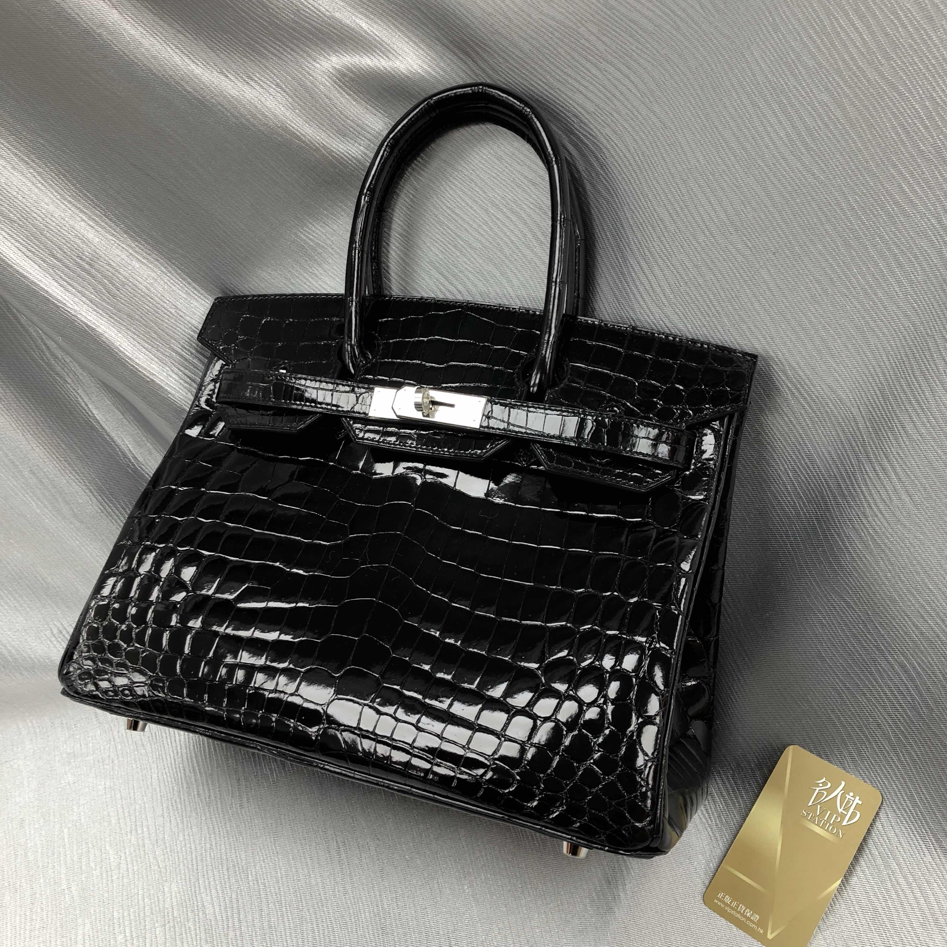 全新hermes 爱马仕 手袋 birkin 30 89 黑色 鳄鱼皮 银扣