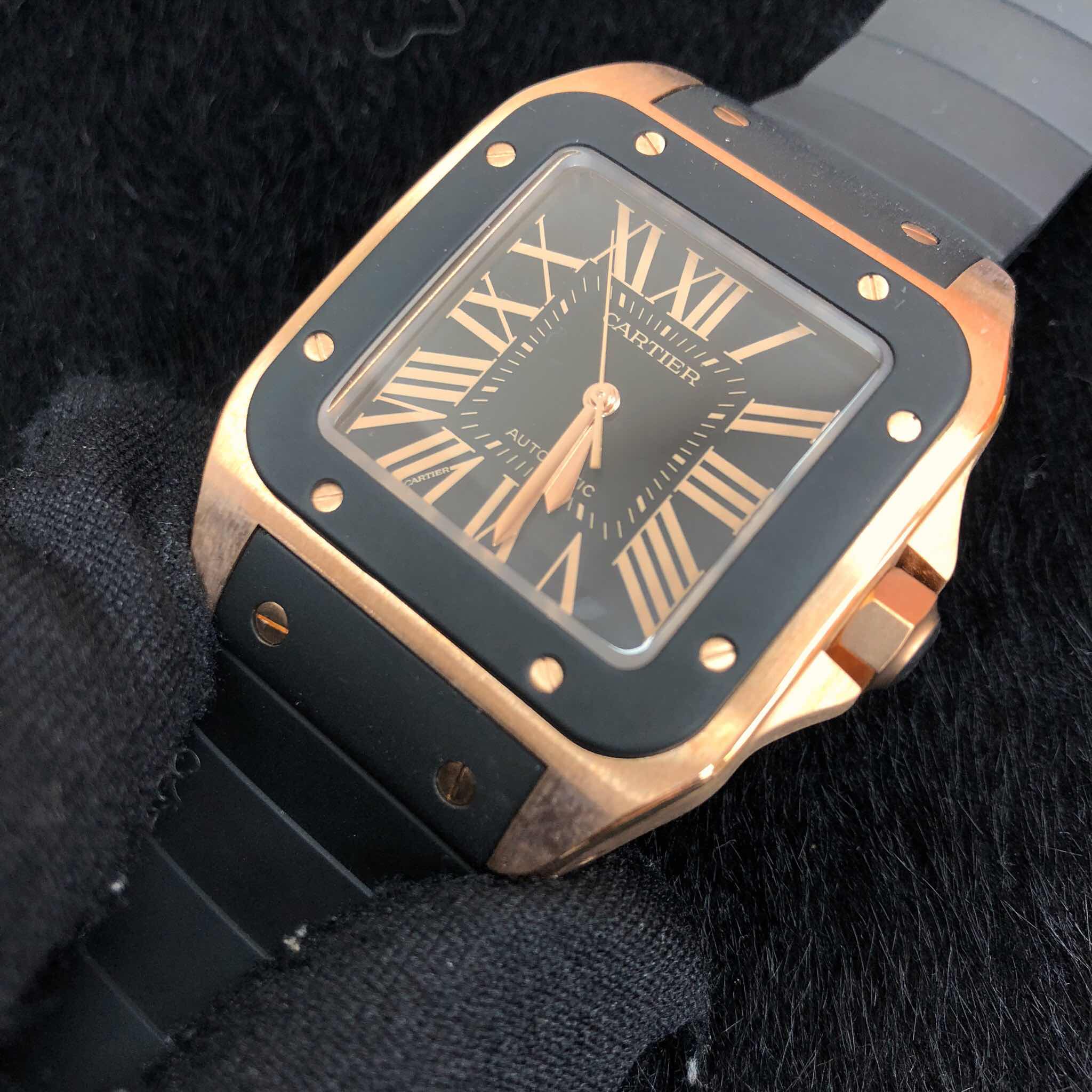 全新cartier 卡地亚 山度士系列 18k玫瑰金 黑色 自动机芯 w20124u2