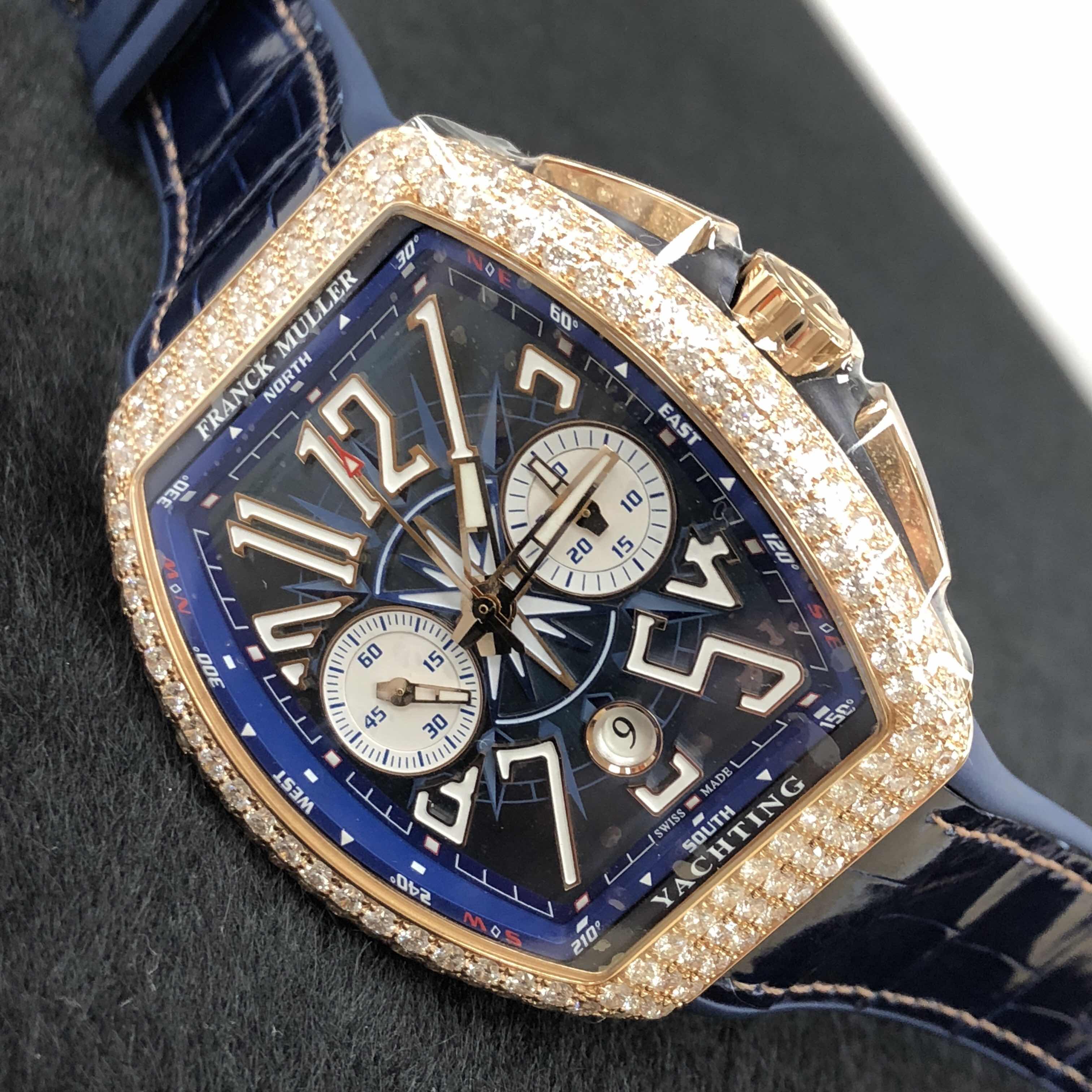 全新franck muller 法兰克穆勒 vanguard 粉红金镶钻 蓝色 自动机芯 v