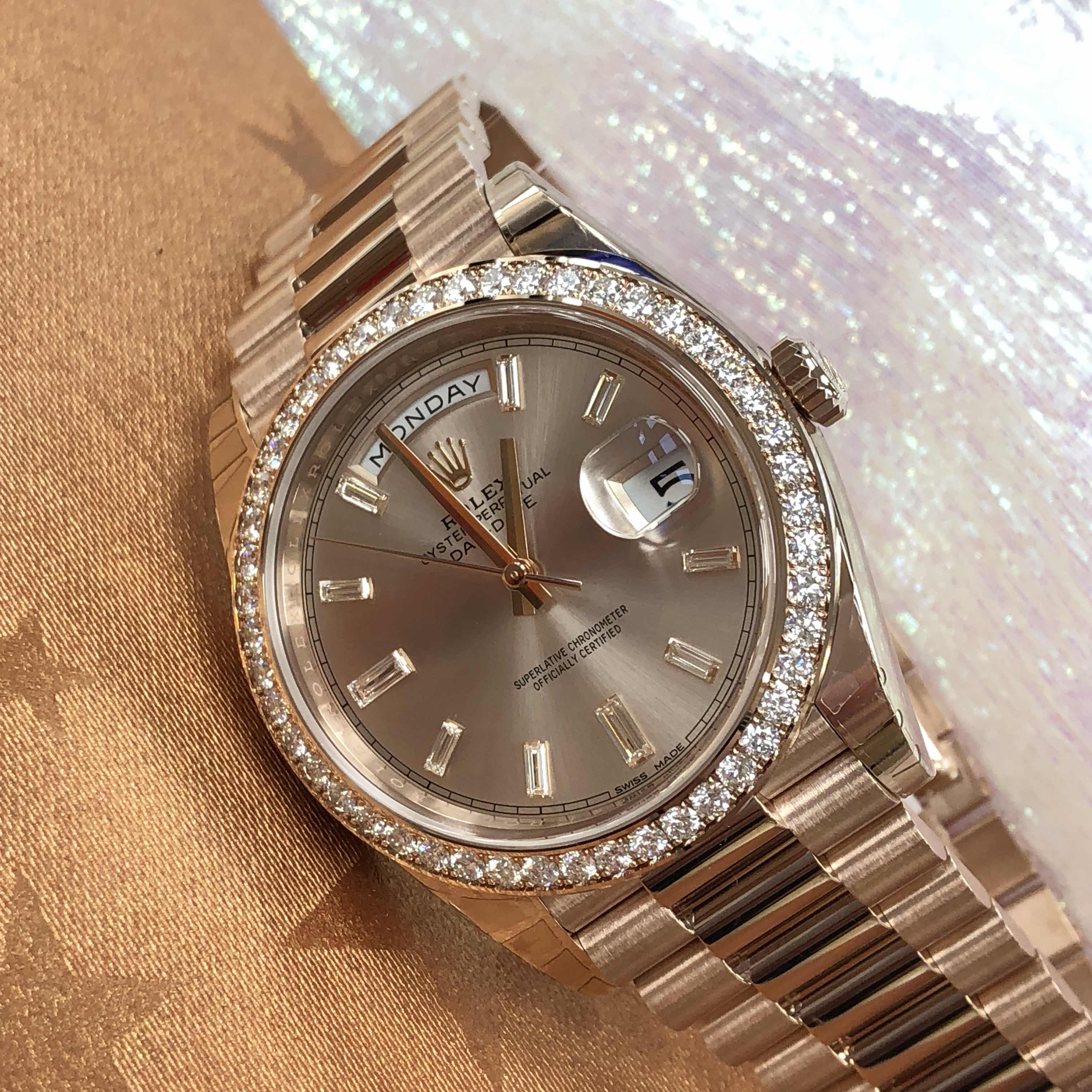 全新rolex 勞力士 星期日曆型 18k玫瑰金鑲鑽 粉紅色 自動機芯 228345