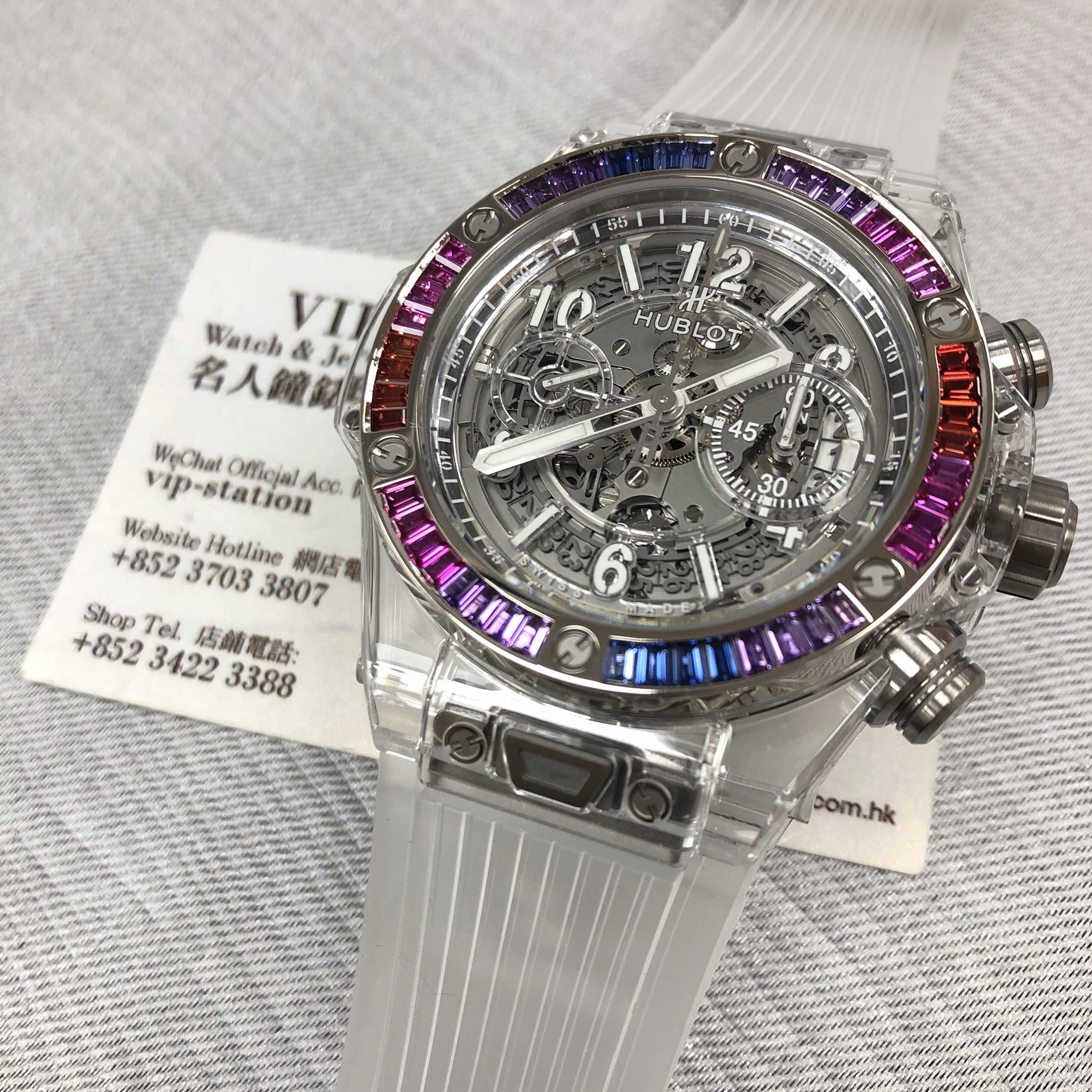 全新hublot 宇舶 big bang 18k白金镶蓝宝石 透明髅空 自动机芯 411.