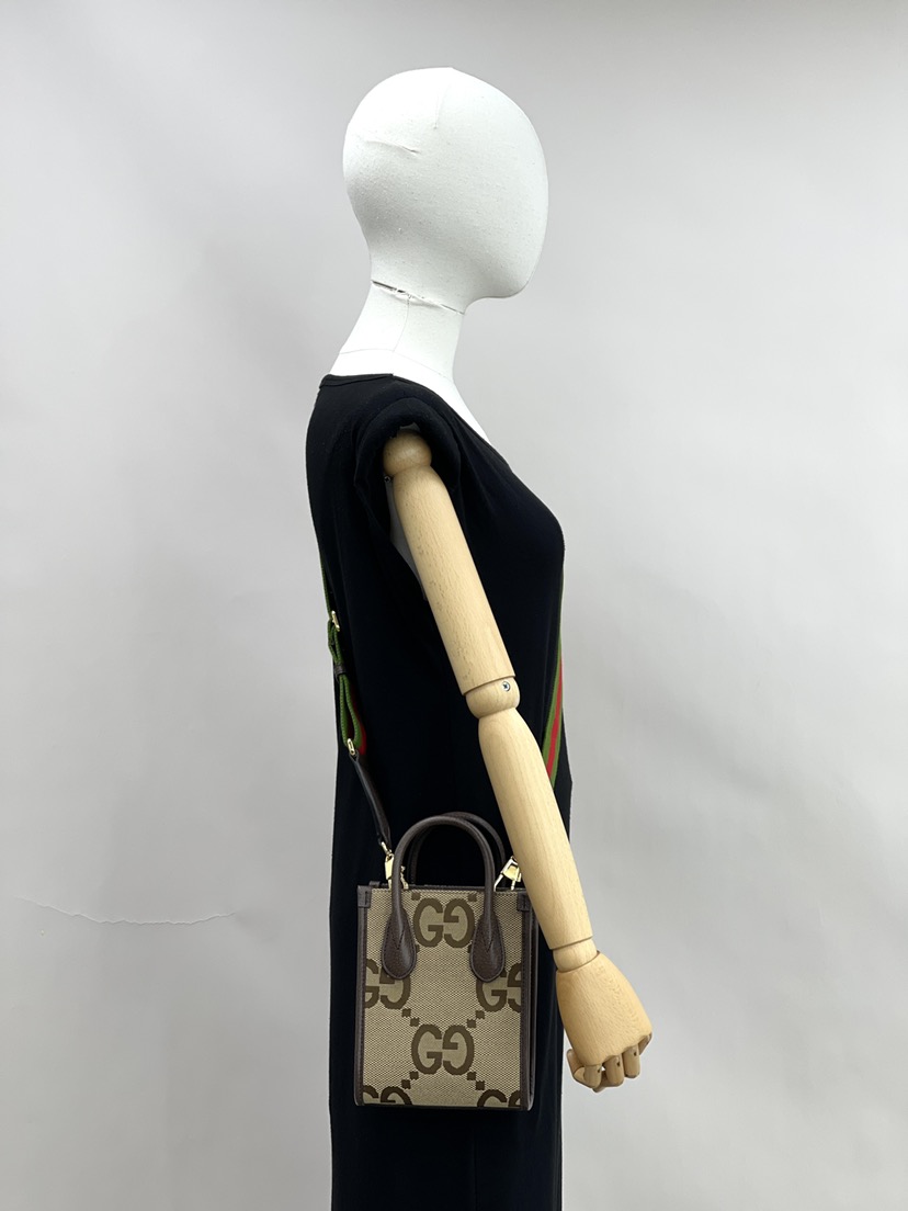 GUCCI｜ (699406 UKMDG 2570) GUCCI】Jumbo GG Logo 緹花布及皮革迷你二用托特包(棕色)