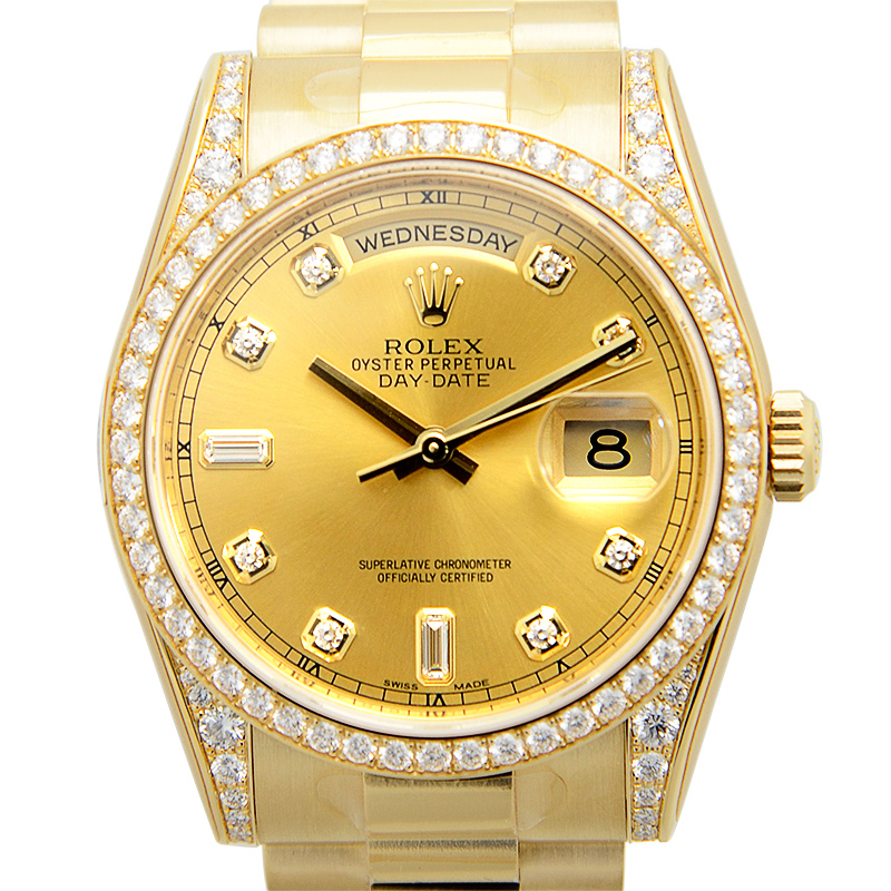 全新rolex 劳力士 星期日历型 18k黄金镶钻 金色 自动机芯 118388a