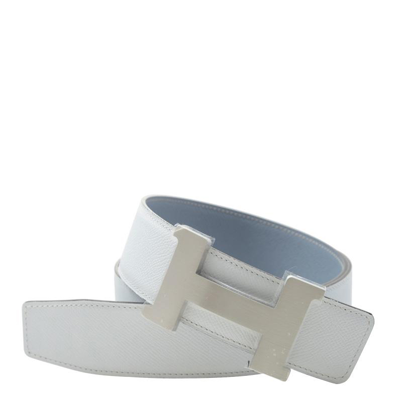 NEW HERMES BELT WHITE/LIGHT BLUE (01/J7) LEATHER BIG SILVE BUCKLE 85 CM  Celebrity standing