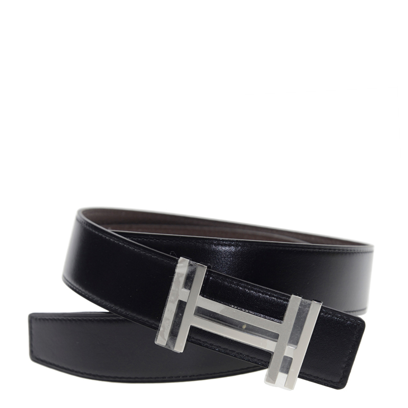 NEW HERMES BELT BROWN/BLACK (46/89) DOUBLE H SILVER BUCKLE LEATHER