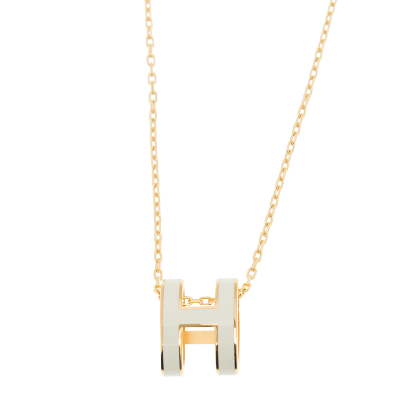 NEW HERMES NECKLACE H LOGO GP/10 WHITE METAL Celebrity standing