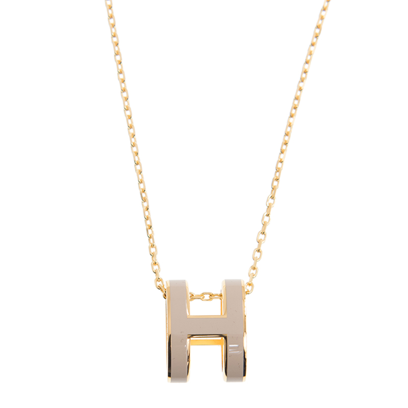 NEW HERMES NECKLACE H LOGO GP/80 BEIGE ROUND METAL