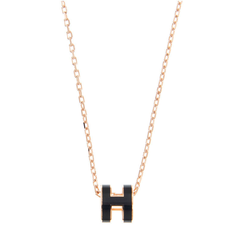 NEW HERMES NECKLACE MINI H LOGO PG/89 ROUND BLACK 18kt ROSE GOLD  Celebrity standing