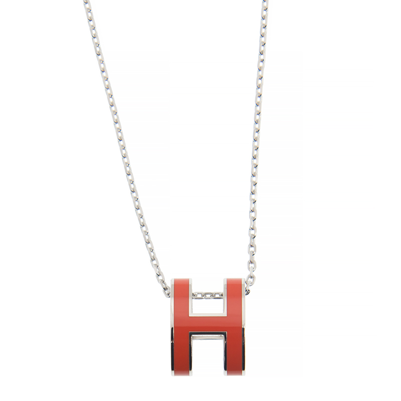 NEW HERMES NECKLACE H LOGO ORANGE SS/9J RED METAL ROUND SS
