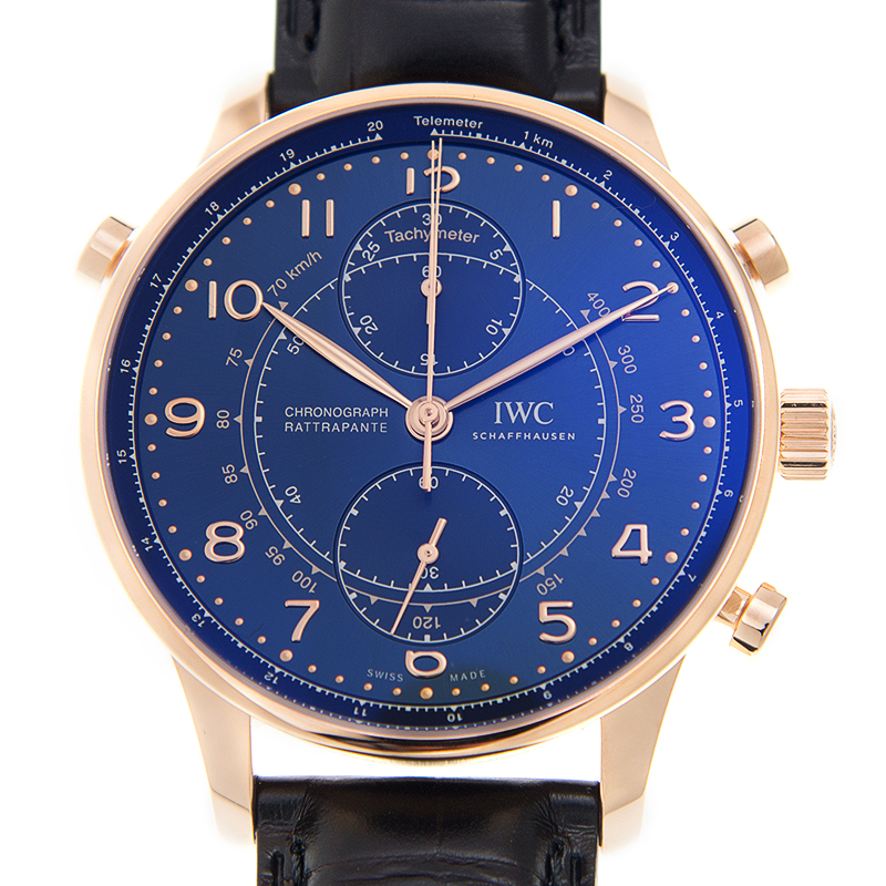 全新iwc 万国 葡萄牙系列 双追针计时 18k玫瑰金 蓝色 自动机芯 iw