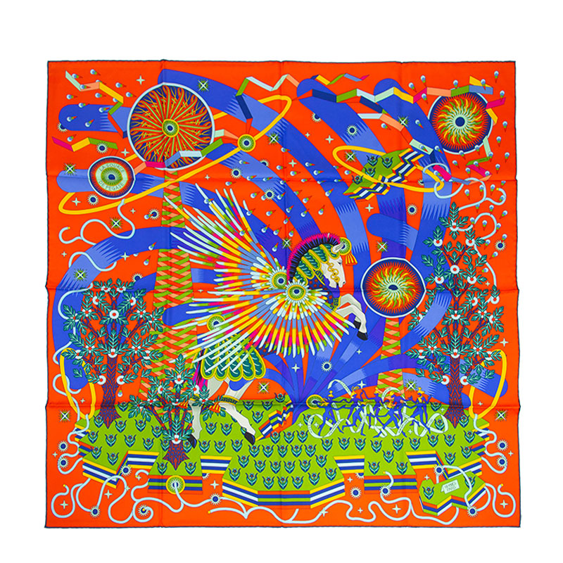 NEW HERMES SCARFS LA SOURCE DE PEGASE 90CM SILK ORANGE