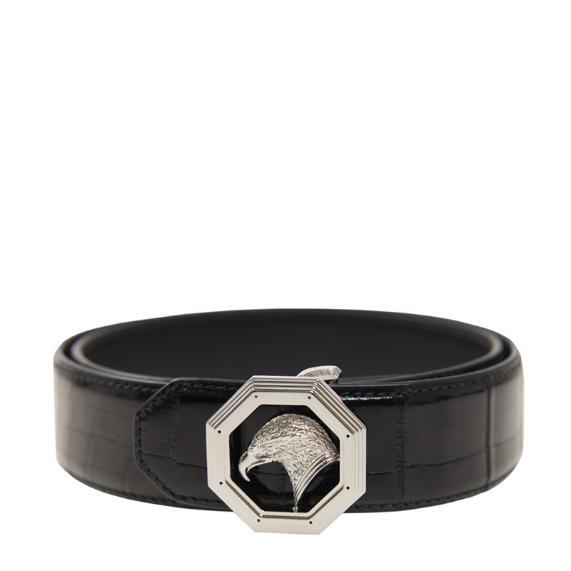 全新stefano ricci 皮带 黑色 鳄鱼皮 银色八角鹰扣 95cm