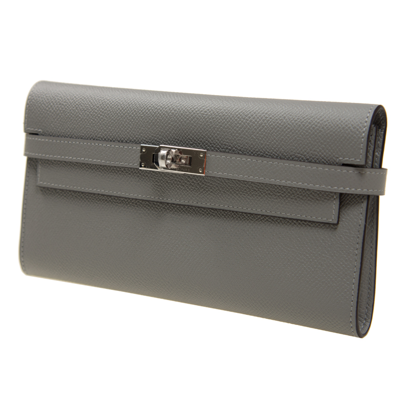 全新hermes 爱马仕 长身锁扣款银包 kelly wallet 4z 灰色 epsom 银扣