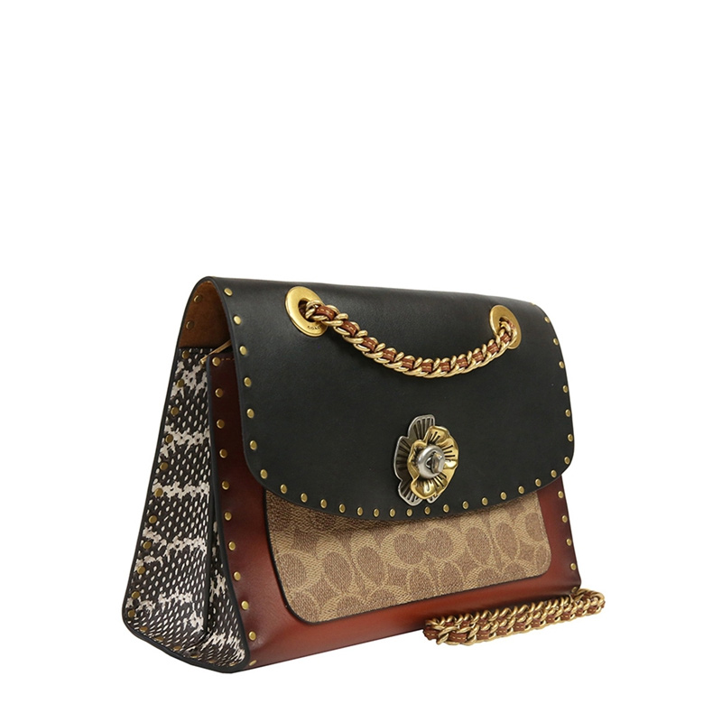Coach Outlet Coach Parker With Rivets And Snakeskin Brass/Black