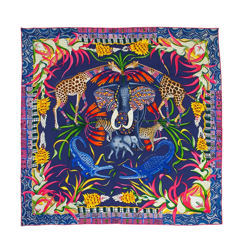 NEW HERMES SCARFS LA MARCHE DU ZAMBEZE WASH 90CM SILK BLUE